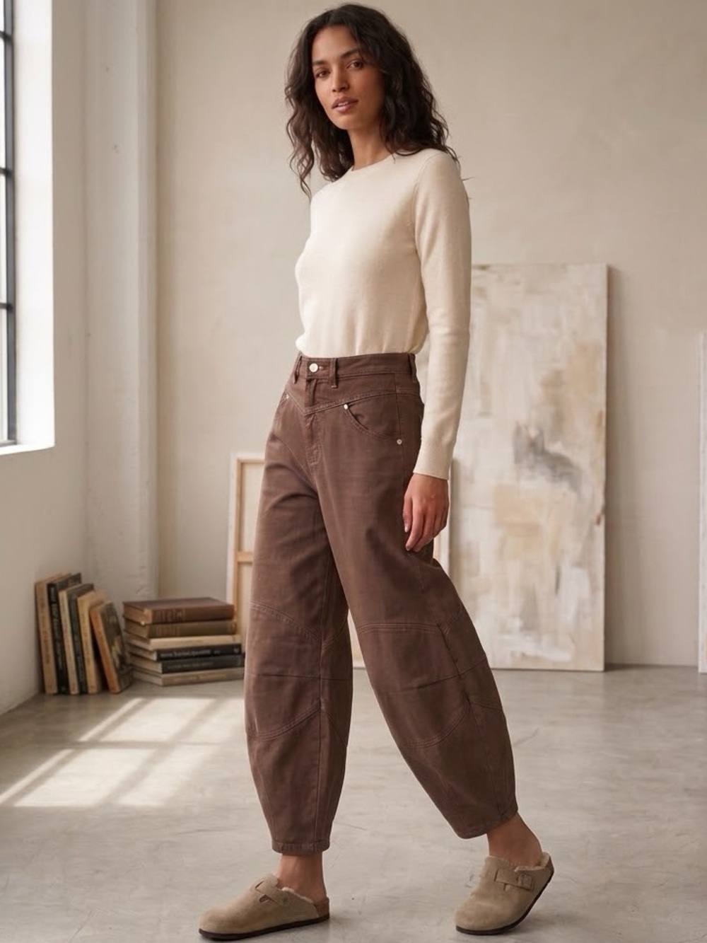 Frank & Oak Size 27 Linda Brown Barrel Balloon Leg Jeans Minimalist Fall Casual